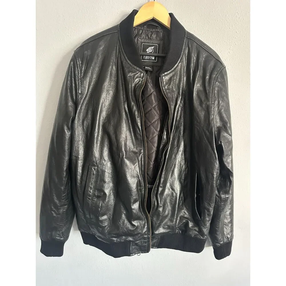 Finches Club 100% Leather Bomber Jacket XL/2XL Black Quilted Lining Runs Small